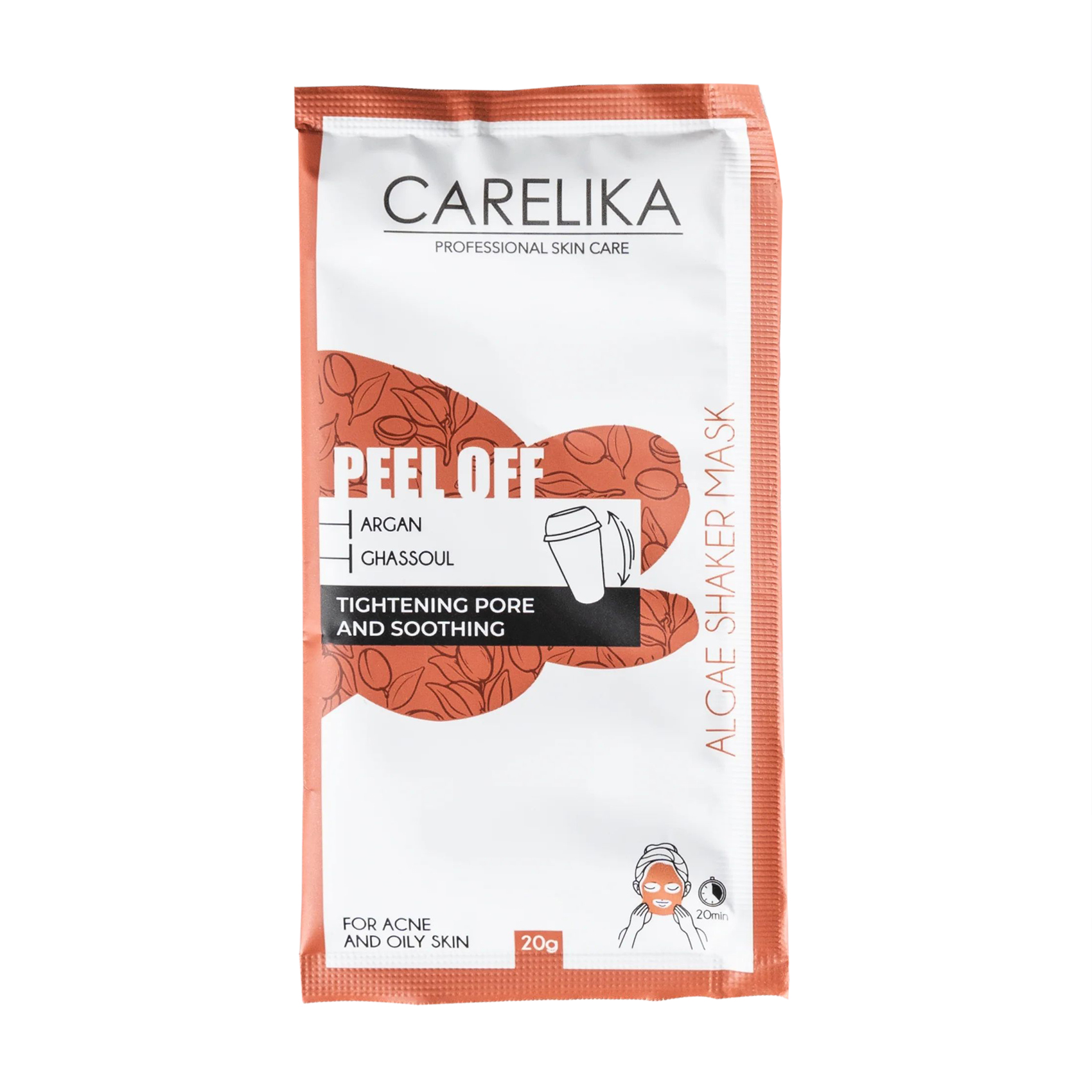 Альгінатна маска-шейкер для обличчя Carelika Peel Off Algae Shaker Mask Argan-Ghassoul з аргановою олією та марокканською глиною, 20 г