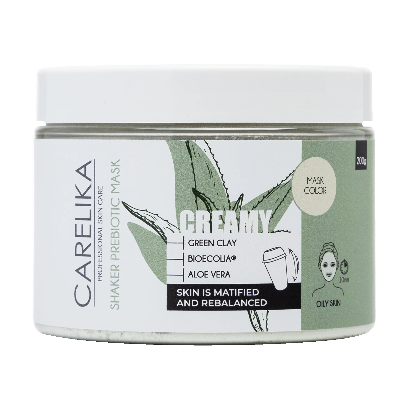 Кремова маска-шейкер для обличчя Carelika Creamy Shaker Prebiotic Mask Green Clay на основі пребіотиків із зеленою глиною, 200 г