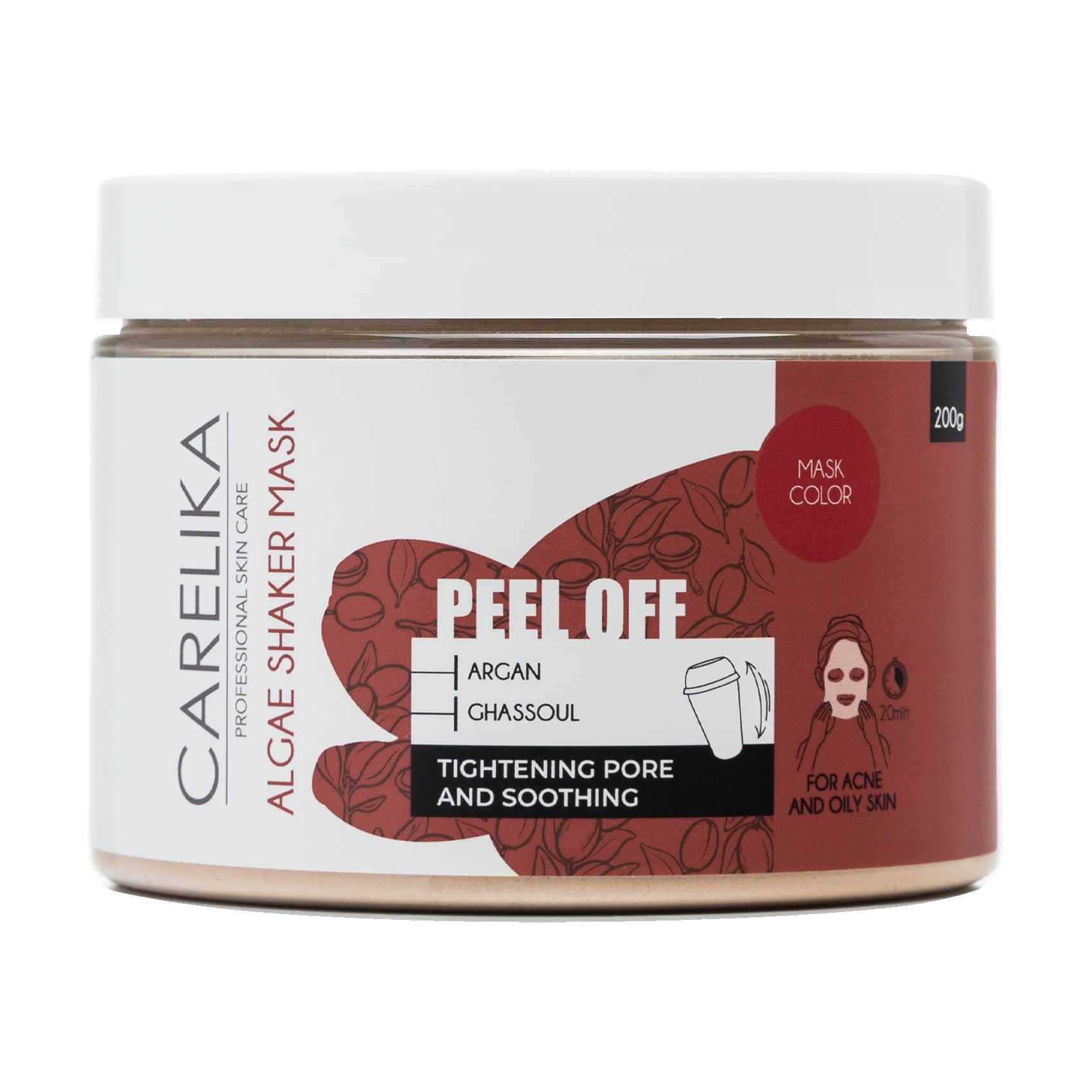 Уцінка! Альгінатна маска-шейкер для обличчя Carelika Peel Off Algae Shaker Mask Argan-Ghassoul з аргановою олією та марокканською глиною, 200 г